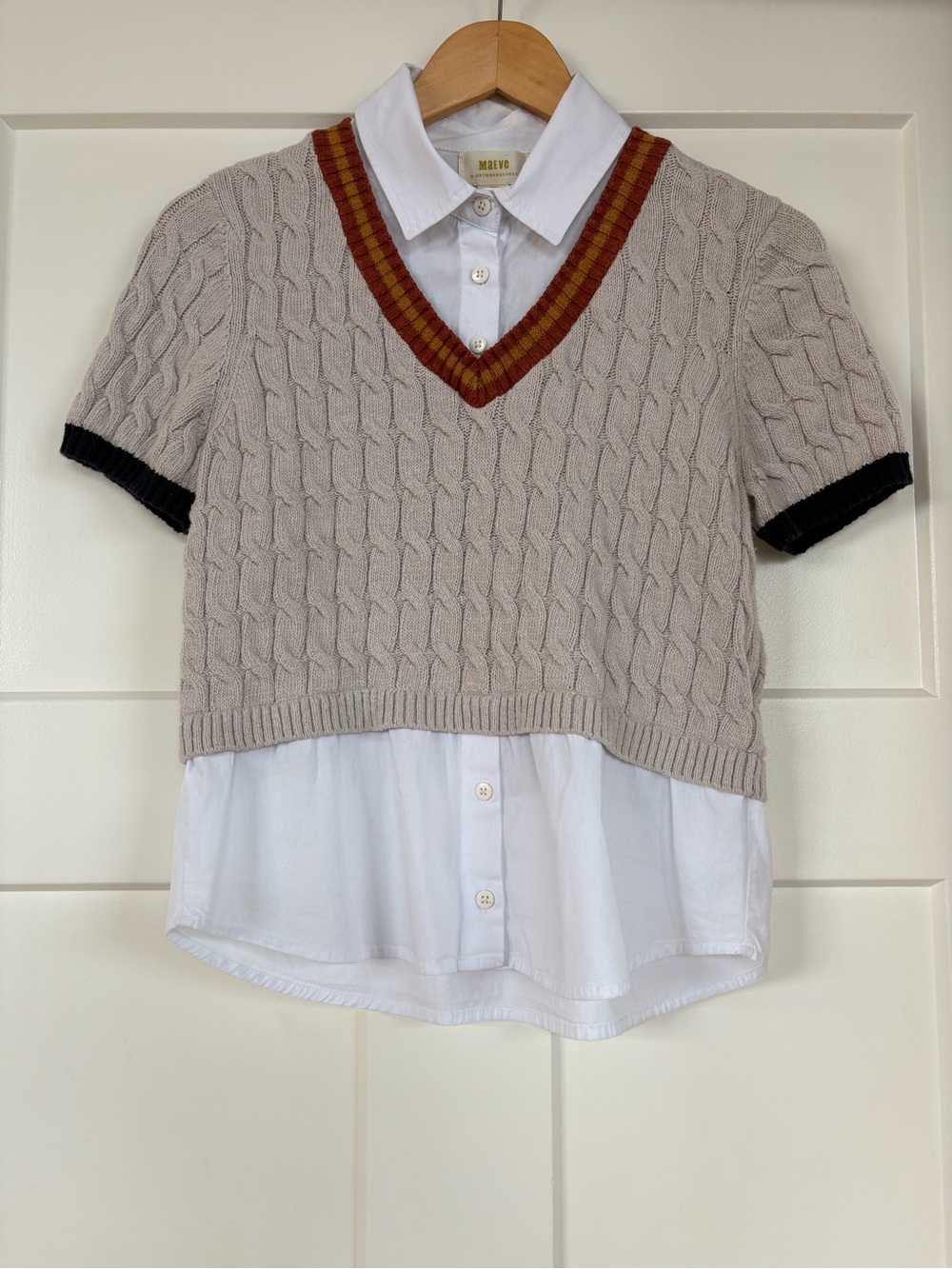 Maeve by Anthro Beige Cable Knit Cricket Sweater Top, Timeless V-neck Size Small - Picture 4 of 14